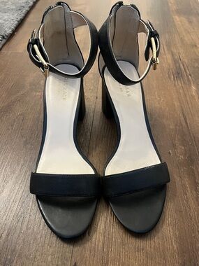 Cole Haan Black Leather Ankle-Strap Block Heel Sandals with Gold Buckles